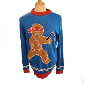 Blue Tipsy Elves Blue Christmas Holiday Sweater Gingerbread Ninja Size L